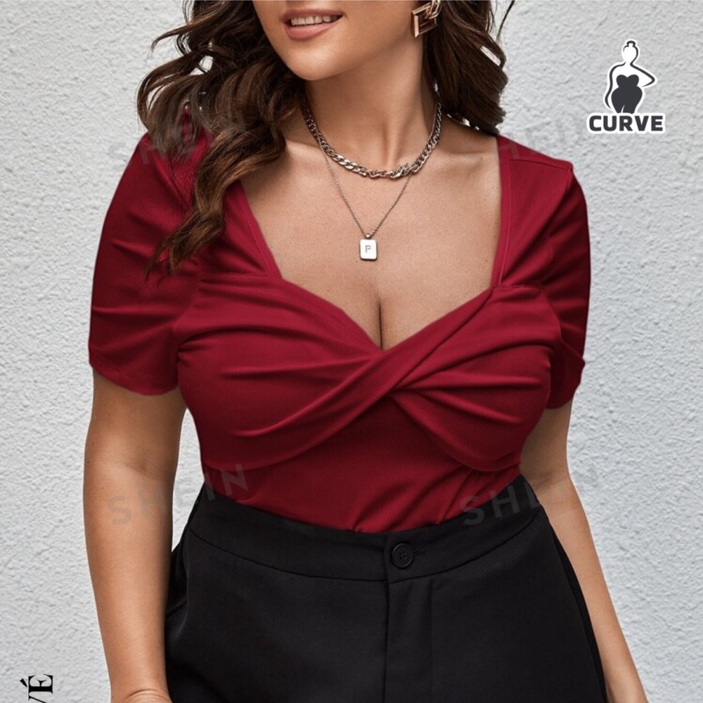 Rib-knit Twist Sweetheart Neck Tee